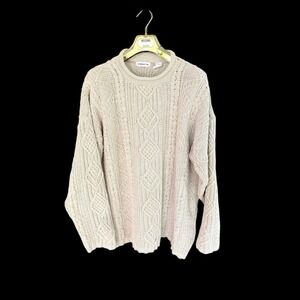 Claiborne Sweater L/XL Vintage Cable Knit Cotton Fisherman USA Made *hole